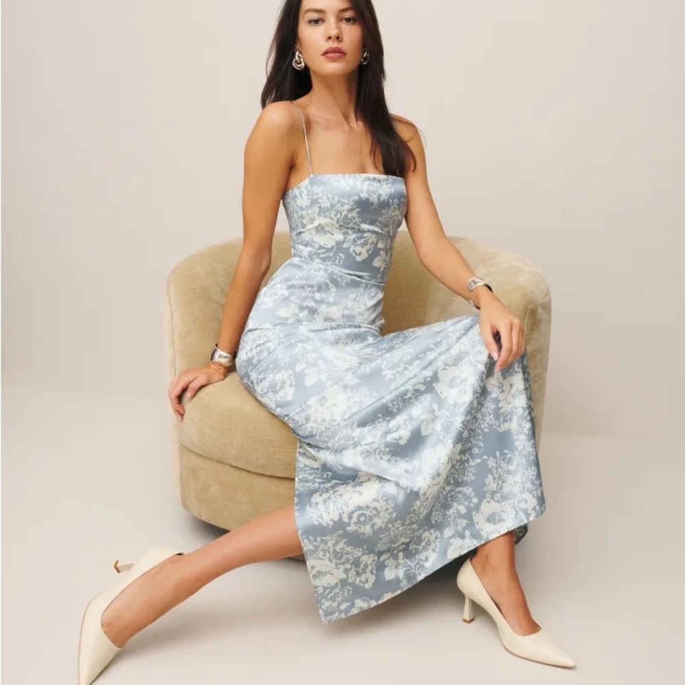 Reformation Blue Strapless Sheath Maxi Dress